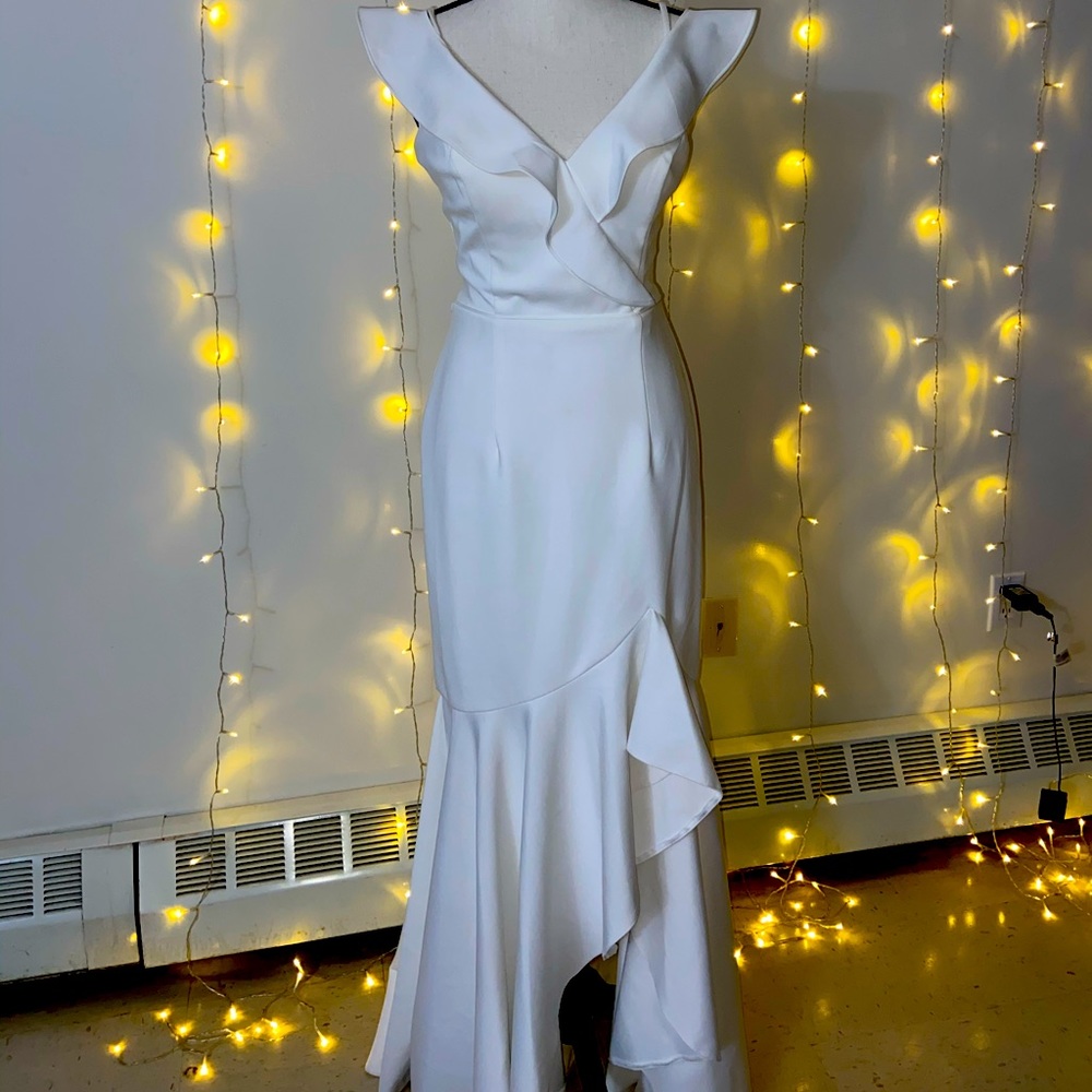 WHITE GOWN LACE OPEN BACK OFF SHOULDER SPLIT LEG